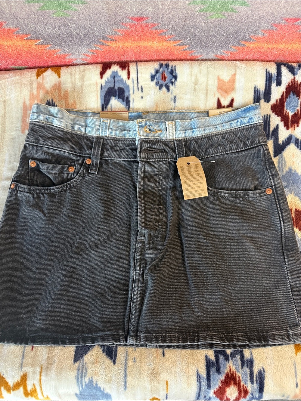 Levi's Washed Black Denim Mini Skirt with Light Blue Waistband